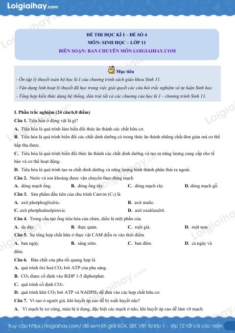 Đề số 4 - Đề kiểm tra học kì 1 - Sinh học 11